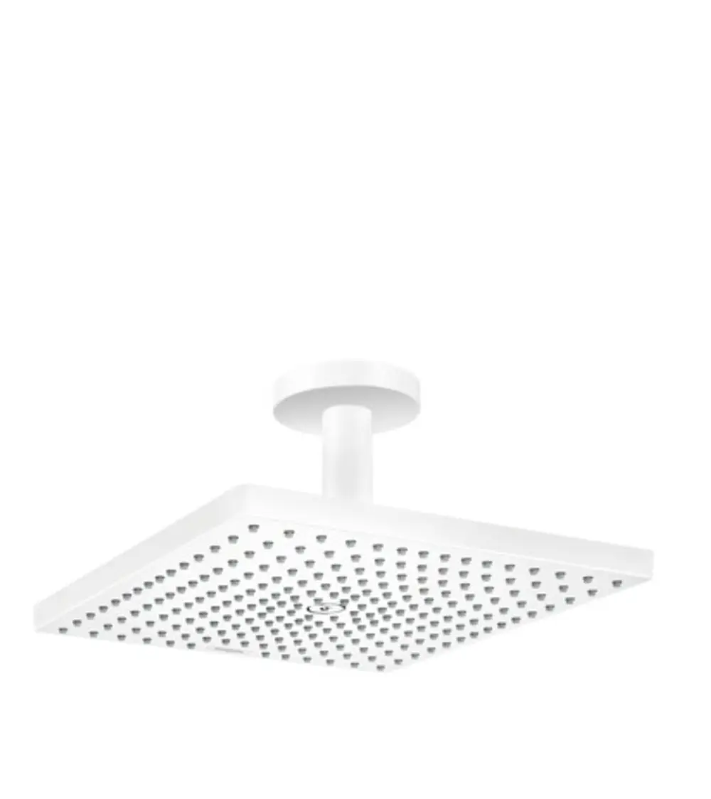 Weißer Duschkopf mit quadratischer Form und Deckenanschluss, ausgestattet mit mehreren Düsen. Produkt von Hansgrohe.